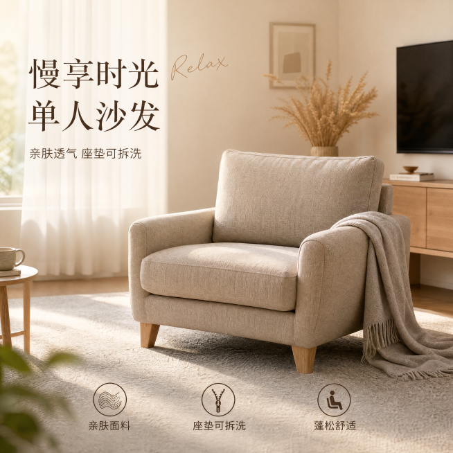[单张主图] 单人沙发，高级氛围感主图，展示治愈风家居产品。
[画面主体] 单人休闲沙发居中偏下放置，商品主体占比约45%，亲肤面料细腻纹理清晰呈现，颜色柔和自然；保持产品设计结构自然合理，杜绝变形和预览效果