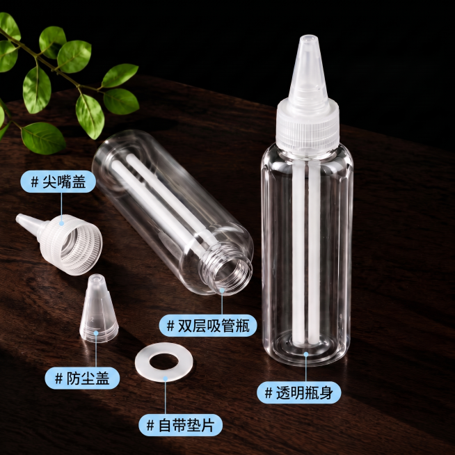 修正标注位置：将左侧散放的尖嘴帽标注为#尖嘴盖，小锥形盖子标注为#防尘盖，把所有标签的背景框从绿色改成浅蓝色，保持原图产品构图和画面不变，仅修改标签位置和颜色。预览效果