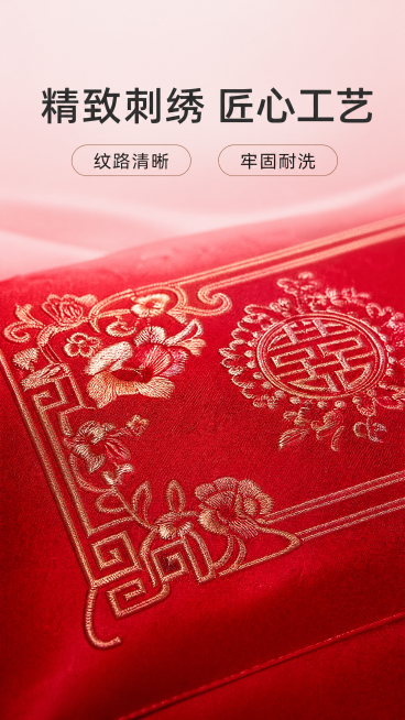 [第3屏] 刺绣细节特写，大红色婚庆四件套工艺展示。本屏使用【图1】作为主体，放大展示四件套的刺绣细节部分，保持刺绣图案、颜色和位置与原图一致。
[氛围/风格] 细节微距特写，高级质感，清晰商业摄影，预览效果