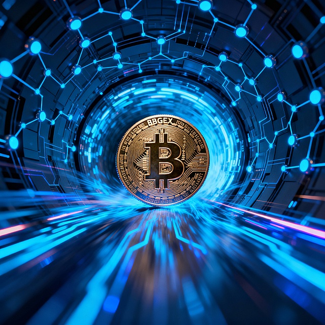 “BBGEX coin emerging from glowing blockchain tunnel, blue energy lines, motion blur, advanced crypto technology concept.”