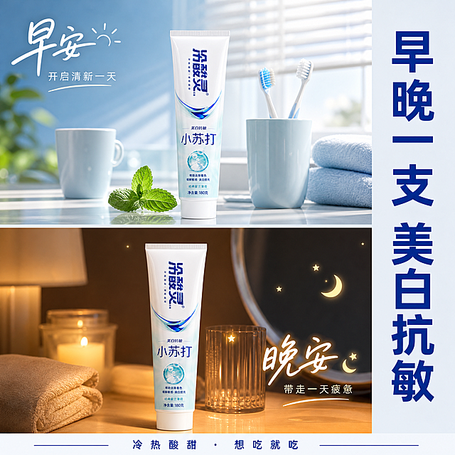 [主图-25] 冷酸灵小苏打牙膏早安晚安日签风格图
[氛围风格] 日签海报风，温馨治愈，生活仪式感，小红书抖音种草风
[画质] 超高清商业摄影质感，画面温馨治愈，光线柔和，氛围感强
[元素] 画面上下分屏日签风格：上半部分是清晨浴室场景，阳光透过百叶窗，冷酸灵小苏打牙膏放在洗手台上，旁边有牙刷和薄荷叶，配"早安"主题；下半部分是夜晚洗漱台场景，暖黄灯光，同款牙膏放在台面上，旁边有点点星光和月亮元素，配"晚安"主题；中间用细线分隔；产品占画面约40%。保持冷酸灵小苏打牙膏外观（即物理结构、材质质感、颜色、包装文字）与输入产品图绝对一致，杜绝任何变形和色差，精细化处理
[光影] 上半部分晨光冷白调，下半部分暖黄夜灯调；中间自然过渡，整体温馨有仪式感
[配色] 上半部分青蓝白晨光色，下半部分暖黄白夜色，对比和谐
[视角构图] 上下分屏日签构图，上下各一个场景，产品在两个场景中呼应，整体有故事感
[文字版式] 上半部分左上"早安"白色手写体 + "开启清新一天"小字；下半部分右下"晚安"暖黄手写体 + "带走一天疲惫"小字；画面右侧中间竖排大字"早晚一支 美白抗敏"深蓝色粗体；底部通栏："冷热酸甜 想吃就吃"品牌slogan；文字放在空白区，不遮挡产品主体
[输出要求] 1:1比例，文字清晰可辨，超高清商业摄影质感
[负向提示词] 变形，文字错乱，产品图模糊，背景杂乱，水印，电商平台Logo