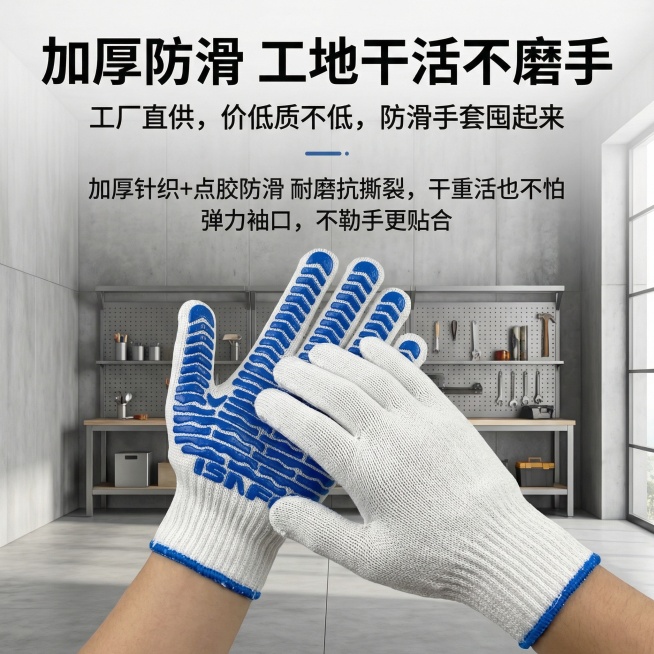 我是在拼多多卖手套的 帮我做10张主图 文案可写加厚防滑  工地干活不磨手 工厂直供，价低质不低，防滑手套囤起来 加厚针织+点胶防滑 耐磨抗撕裂，干重活也不怕 弹力袖口，不勒手更贴合 看着图片大气一点预览效果