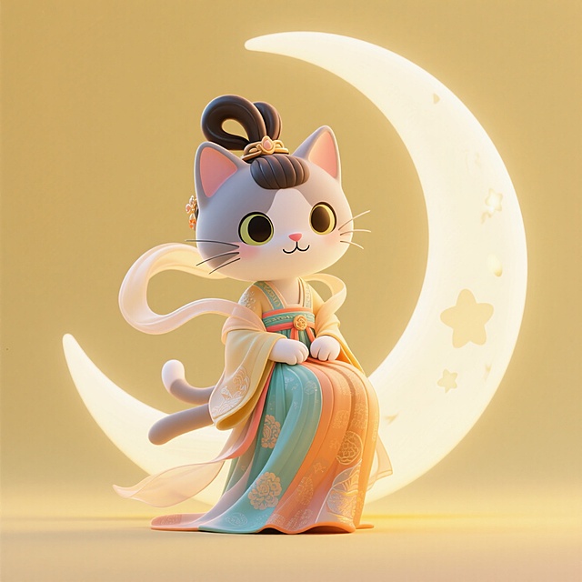 梦幻3D卡通猫，身着中式华服，拟人姿态，背景新月点缀，尽显可爱与古典美。