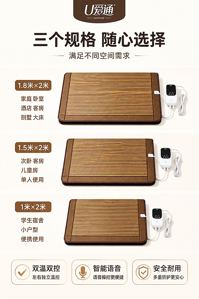 [第10屏] 规格参数展示-三款规格随心选，满足不同空间需求。本屏使用【图8】作为产品主体，展示三款尺寸。
[氛围/风格] 清晰简约参数风，浅白暖底，整齐排列，直观明了。
[元素布局] 三款不同尺寸床垫从上到下整齐叠放展示，每个床垫旁标注对应规格尺寸，整体外观和结构与原图保持一致。
[光影质感] 均匀顶光，每个产品清晰展示，阴影自然，排列整齐，层次分明。
[配色色系] 全局底色 #FDFBF8；主色为棕黄三款床垫；辅助色为浅棕尺寸标注，深棕色标题。
[视角构图] 纵向排列构图，三个规格从上到下依次展示，清晰对比不同尺寸差异。
[文字版式] 顶部主标题「三个规格 随心选择」，左侧标注对应尺寸和适用场景：「1.8米×2米」「1.5米×2米」「1米×2米」，底部三个卖点胶囊标注「双温双控」「智能语音」「安全耐用」，规格文字清晰，布局整齐。
[比例分辨率] 9:16 竖版比例，4K分辨率，文字清晰可辨，高清画质。
[负向提示词] 尺寸标注错误，产品变形，排列错位，文字模糊，水印，背景杂乱。