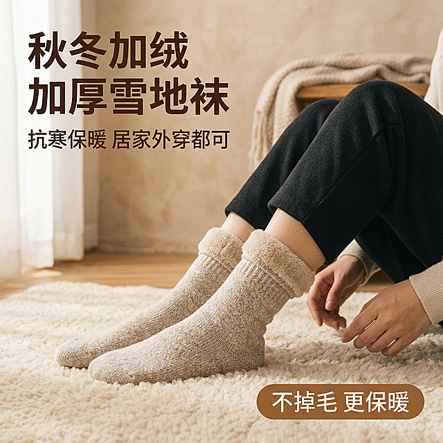 [主图 1] 秋冬加绒加厚雪地袜首图
[主图主题] 秋冬女士加绒加厚中筒雪地袜主图
[氛围/风格] 温暖治愈简约风，柔和暖光，慵懒氛围感
[画面元素] 亚洲女生脚部特写，穿着燕麦色加绒中筒雪地袜，露出厚实毛绒袜口，坐在温暖毛绒地毯上，背景为浅棕色肌理墙，暖光均匀柔和，袜口绒毛蓬松清晰可见，主体突出，质感温暖。背景全屏无边框。
[配色色系] 主色调：暖棕背景、燕麦色袜子；辅助色：浅棕色地毯，整体温暖大地配色
[视角构图] 平视特写，主体占比约60%，景深适中，构图温暖饱满
[文字版式] 主标题“秋冬加绒 加厚雪地袜”，副标题“抗寒保暖 居家外穿都可”，字体为无衬线粗体，深棕色，悬浮于画面左上角留白处，不遮挡脚部主体。右下角暖棕色胶囊标签“不掉毛 更保暖”，字体米白色，符合极简悬浮排版规范。
[分辨率] 2k分辨率