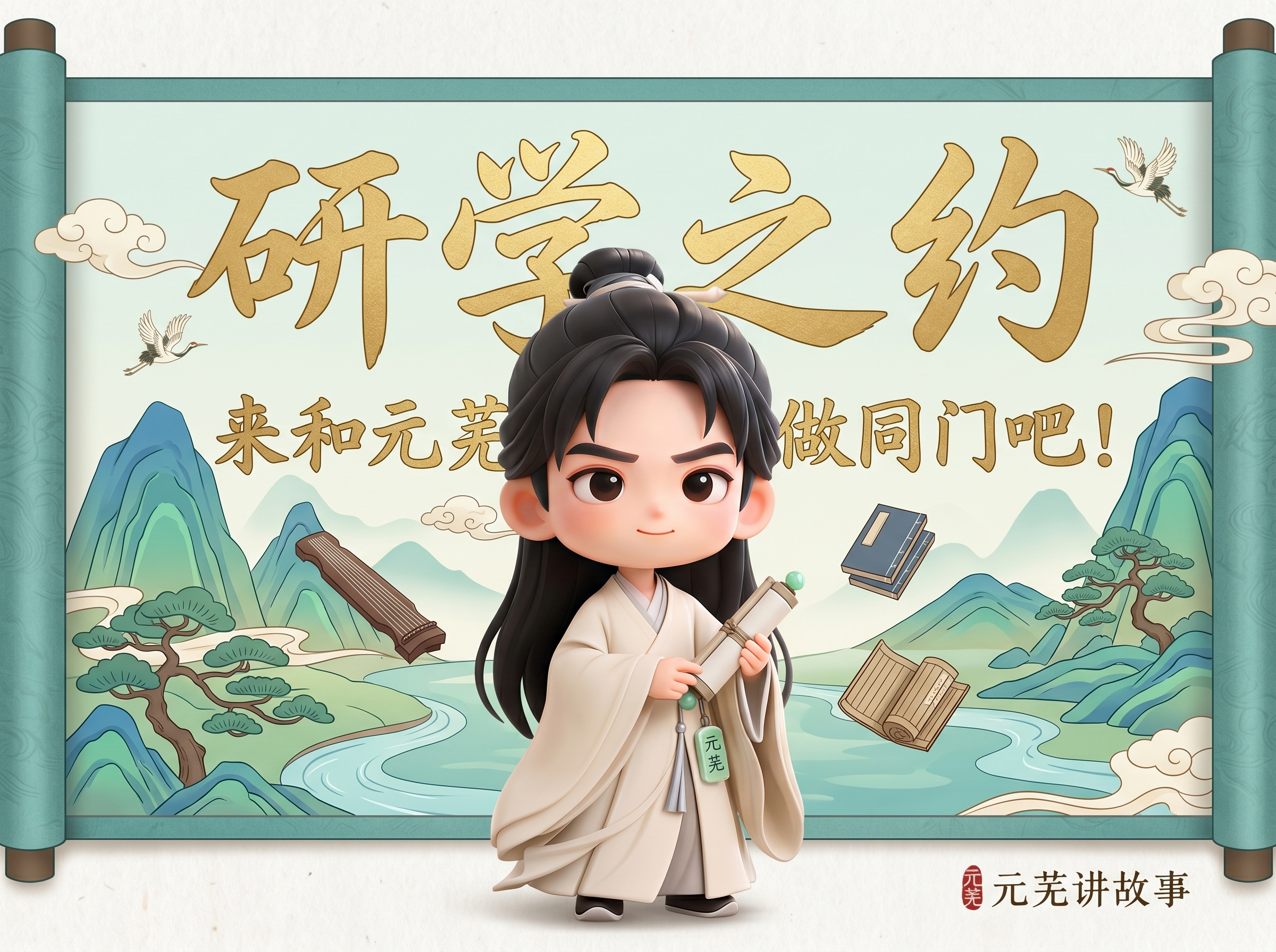 根据参考人物五官制作Q版人物，主题文字“研学之约，来和元芜做同… - 图片创意预览