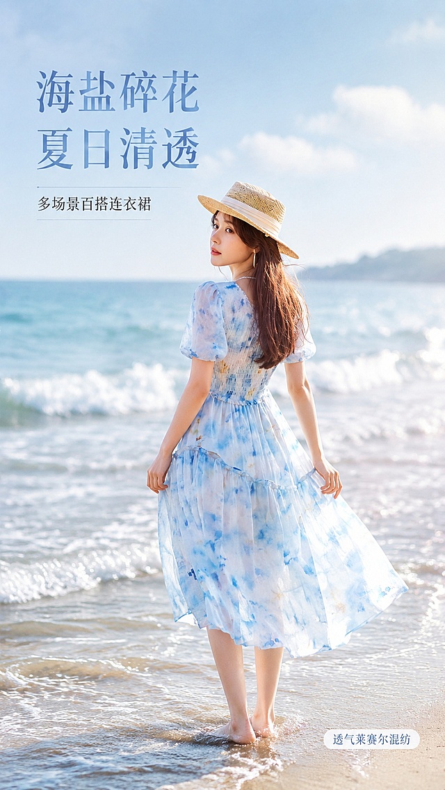 [第1屏] 详情页头图-水彩蓝晕染碎花连衣裙氛围感海报。本屏使用【图6】作为展示主体，调整构图为竖版满版。
[氛围/风格] 治愈海滨度假风，暖调日光，清新干净的商业摄影质感，充满夏日松弛感。
[元素布局] 模特赤脚站在浅滩，背对回眸，连衣裙占据画面75%，海水漫过脚边，背景虚化为蓝天海浪，突出连衣裙整体廓形和水彩印花，保持款式颜色与原图一致。
[光影质感] 下午斜射日光，轮廓带柔焦光晕，水面反光提亮裙摆，明暗层次自然。
[配色色系] 全局氛围色：浅蓝海水+米白沙滩，主色：水彩蓝碎花裙，辅助色：草帽暖棕色，整体低饱和度清新配色。
[视角构图] 全身景别，背影回眸视角，模特位于画面中下部，上留天空背景，呼吸感充足。
[文字版式] 左上区域：主标题「海盐碎花 夏日清透」字号大，浅蓝色；副标题「多场景百搭连衣裙」字号小，深灰色；右下角小标签「透气莱赛尔混纺」，文字均不遮挡主体。
[比例分辨率] 9:16 竖版，4K高清，文字清晰。
[负向提示词] 版型扭曲，颜色偏差，文字错乱，遮挡主体，水印，模糊。