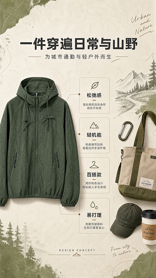 [商品] 使用【图1】橄榄绿连帽休闲夹克；商品处理：保留连帽抽绳、前中拉链、插肩袖、两侧拉链口袋、下摆收口、袖口松紧、橄榄绿肌理面料和整体廓形；自然去除衣身杂乱褶皱，理顺垂坠，增强面料肌理纹理、缝线、拉链和五金质感，不改变版型、颜色和结构。
[画面] 目标：设计理念页，诠释轻户外+日常通勤双场景风格。左中右三段式构图，左侧夹克正面平铺展示（占画面40%），中间风格关键词卡片，右侧小型场景插画/道具组合（登山扣、帆布包、棒球帽、咖啡杯）。背景为米杏色纸张质感底，散落橄榄绿色块和肌理纹理，营造设计手稿氛围。
[视觉] 套系策略：风格=山系轻户外高级商业摄影；标题字=现代无衬线粗体（字重Bold）；正文字=简洁无衬线体（字重Regular）；主色=橄榄绿；背景延展=基于橄榄绿做深浅层级、同色渐变和细腻织物/纸张质感，搭配米杏色中性底；强调色=焦糖棕，仅用于小面积图标、引线和标签；标题色=深炭灰；正文色=中暖灰；组件=圆角浅底信息卡、细线引线、手写感英文装饰；光影=右前侧暖柔光，自然柔和阴影。
[文字] 上方主标题「一件穿遍日常与山野」，副标题「为城市通勤与轻户外而生」。中间4个风格关键词卡片：松弛感 / 轻机能 / 百搭款 / 易打理，每个配简短说明。底部小号英文「DESIGN CONCEPT」。所有文字横向排版。
[规格] 图片比例9:16竖版，分辨率4K，quality=medium。避免变形、错字、文字过小、冷蓝/蓝灰背景、衣服颜色改变、版型失真、极限词、平台Logo水印。