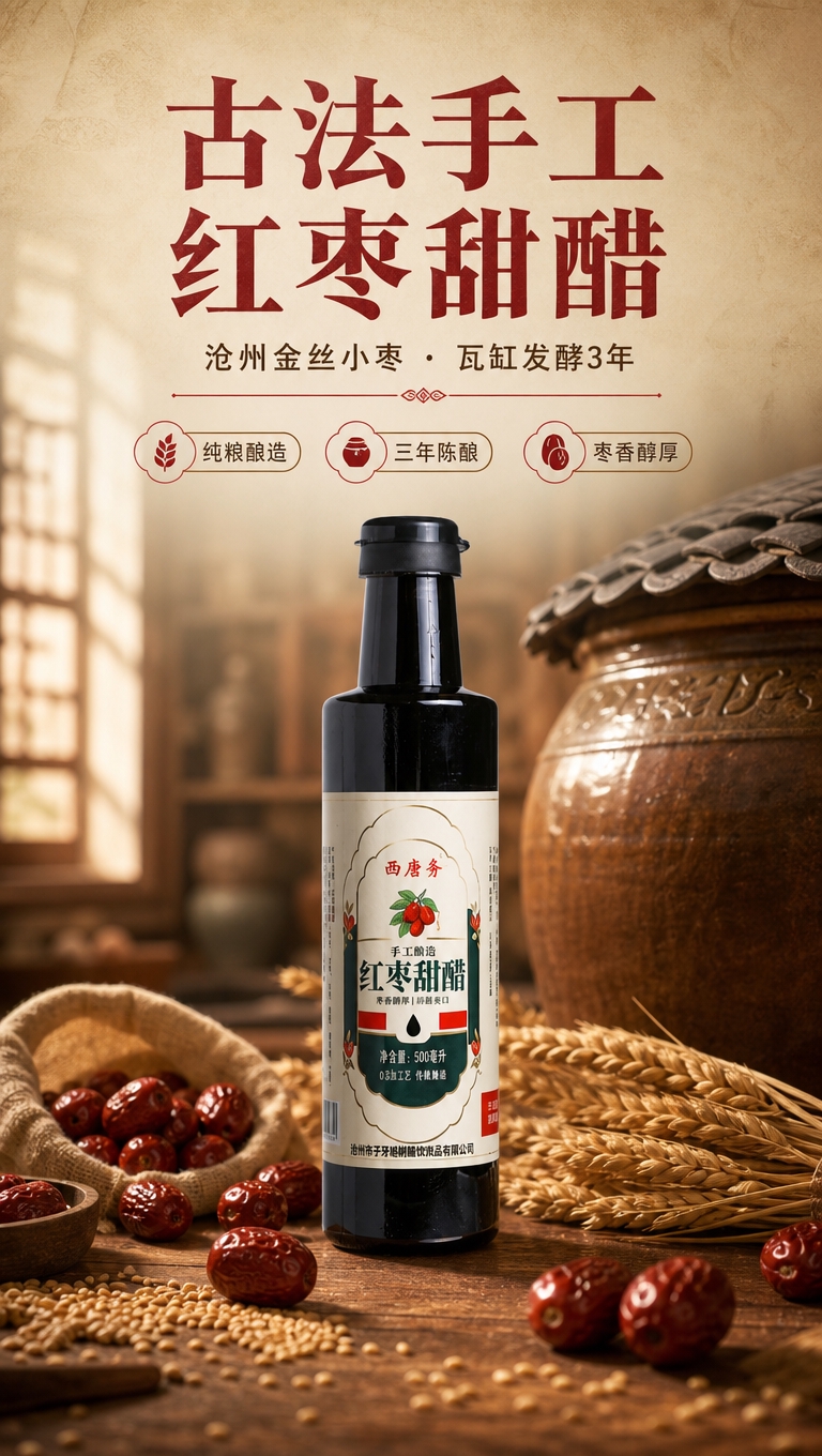 [商品] 使用【图1】西唐务红枣甜醋正面瓶身；保留黑色瓶体、白… - 图片创意预览