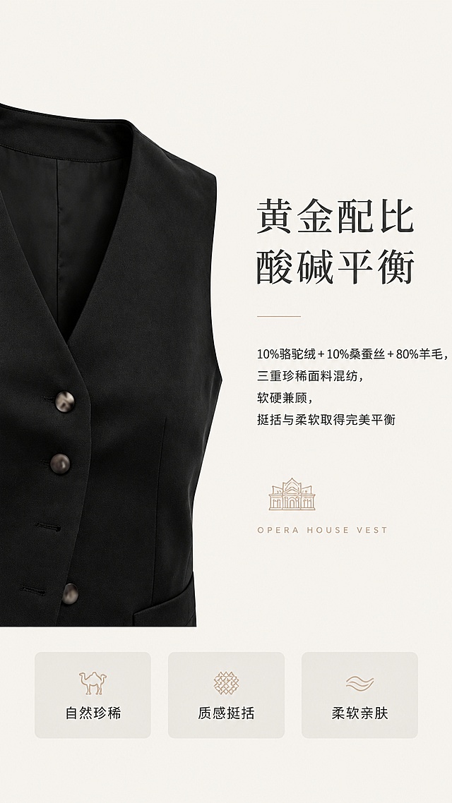 [第2屏] 歌剧院马甲设计理念页，传递松弛潇洒的风格主张，解析黄金混纺面料设计灵感，本屏使用【图1】作为细节参考。[氛围/风格] 简约高级质感，安静奢华风格，低饱和配色，文字排版舒适有呼吸感。[元素布局] 左侧放置马甲领口局部特写，右侧放置设计理念文字，底部添加面料成分关键词标签，背景为浅米纯色，整体留白合理，不拥挤，产品细节保留原有材质和颜色特征。[光影质感] 整体光线均匀柔和，文字和产品细节清晰，无明显硬阴影。[配色色系] 全局底色 #f5f5f5；主色为深灰色文字，驼色和黑色产品点缀，辅助色为浅灰色标签块。[视角构图] 左图右文版式，水平分割构图，阅读动线从上到下。[文字版式] 顶部主标题「黄金配比 酸碱平衡」，正文描述「10%骆驼绒+10%桑蚕丝+80%羊毛，三重珍稀面料混纺，软硬兼顾，挺括与柔软取得完美平衡」，底部添加三个关键词标签「自然珍稀 / 质感挺括 / 柔软亲肤」，文字层级分明，大小适中，清晰可读。[比例分辨率] 9:16 竖版比例，4K分辨率，高清画质。[负向提示词] 产品变形，文字错乱，文字过小，水印，背景杂乱，颜色偏差