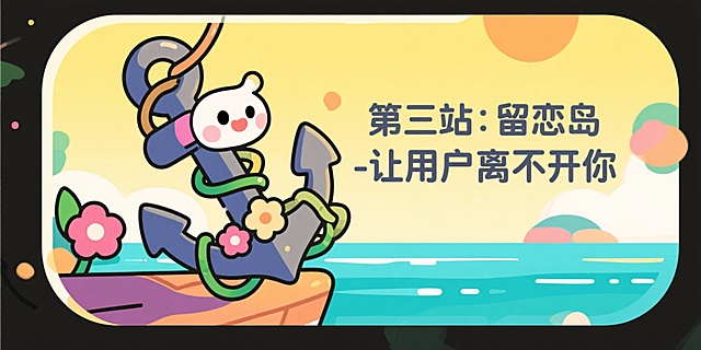 用结构：​ 左侧一个大号精美图标，右侧对应标题和一句话解读。背景统一为淡淡的纯色或渐变。
具体提示词：
获取用户：​ 扁平卡通图标，一个巨大的望远镜，镜头里映出一个小人。背景是淡蓝色渐变。右侧文字：“第一站：登船岛 - 让用户看见你”。风格清新简洁。
激活用户：​ 扁平卡通图标，一颗跳动的爱心，心里有一把钥匙。背景是淡粉色渐变。右侧文字：“第二站：心动岛 - 让用户爱上你”。
用户留存：​ 扁平卡通图标，一个坚固可爱的船锚，锚被花朵藤蔓缠绕。背景是淡黄色渐变。右侧文字：“第三站：留恋岛 - 让用户离不开你”。
获得收入：​ 扁平卡通图标，一个打开的木质宝箱，里面满是闪闪发光的金币和宝石。背景是淡橙色渐变。右侧文字：“第四站：宝藏岛 - 让用户为你付费”。
推荐传播：​ 扁平卡通图标，两个可爱的卡通小人开心地对话，他们头顶有一个大的分享箭头。背景是淡紫色渐变。右侧文字：“第五站：安利岛 - 让用户主动安利你”。