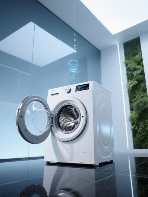 俯视角构图，在极简主义的未来感浴室中央，一台棱角分明的白色滚筒洗衣机舱门优雅敞开，内部银色不锈钢内筒的波浪形提升筋在柔和顶光下形成精密的几何阴影，正面圆形旋钮控制面板散发着淡蓝色微光，小型显示屏上显示着"生态洗涤模式"的动态图标。洗衣机静置在光滑如黑曜石的地面上，完美倒映出机身轮廓与上方悬浮的水滴轨迹，背景是渐变的雾蓝玻璃墙，左侧墙面嵌入的垂直绿植墙为科技感空间注入自然气息，光线从顶部天窗以4……预览效果