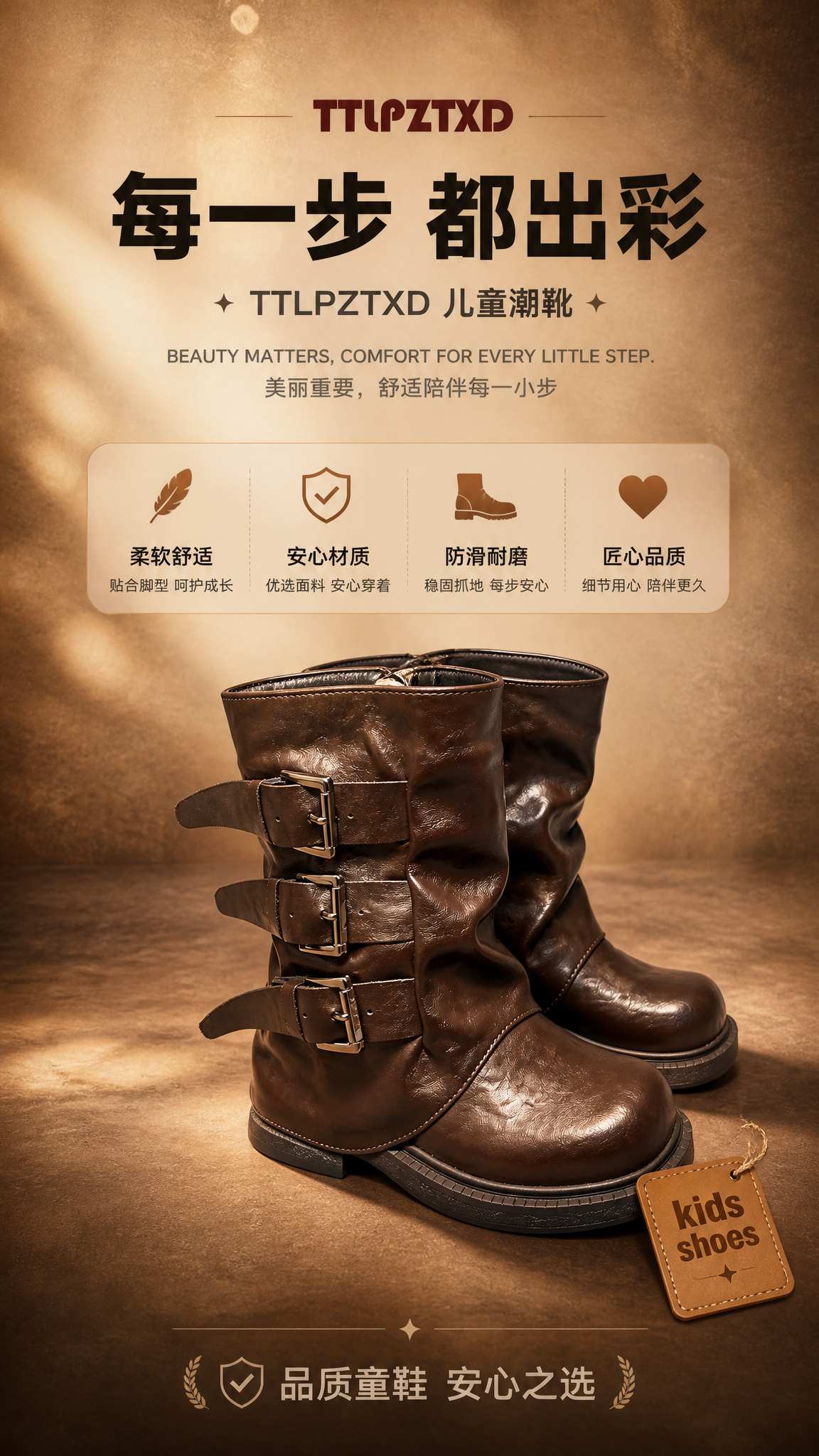 [商品] 使用【图2】棕色儿童三搭扣中筒皮靴；保留鞋型、三排金… - 图片创意预览