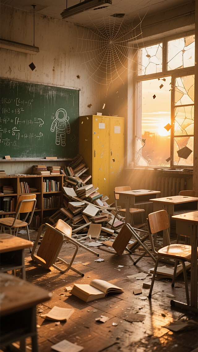 黄昏逆光视角，一间被夕阳染成琥珀色的废弃教室，曾经整齐的木质课桌椅如今以各种角度倾斜散落，几张翻倒的椅子腿指向天花板，墨绿色黑板上数学公式被雨水冲刷得斑驳模糊，露出底下学生用白色粉笔偷偷画的褪色宇航员。教室后方的黄色书柜已倾颓半壁，书籍如瀑布般倾泻在地板上，几页残破的书页被穿堂风卷起，在斜射的金色光束中飘舞。窗框上的玻璃大多碎裂，只有一块还顽强地反射着最后一抹残阳，空气中悬浮着尘埃与细小的纸屑，墙角蛛网在光影中如同精致的蕾丝装饰。