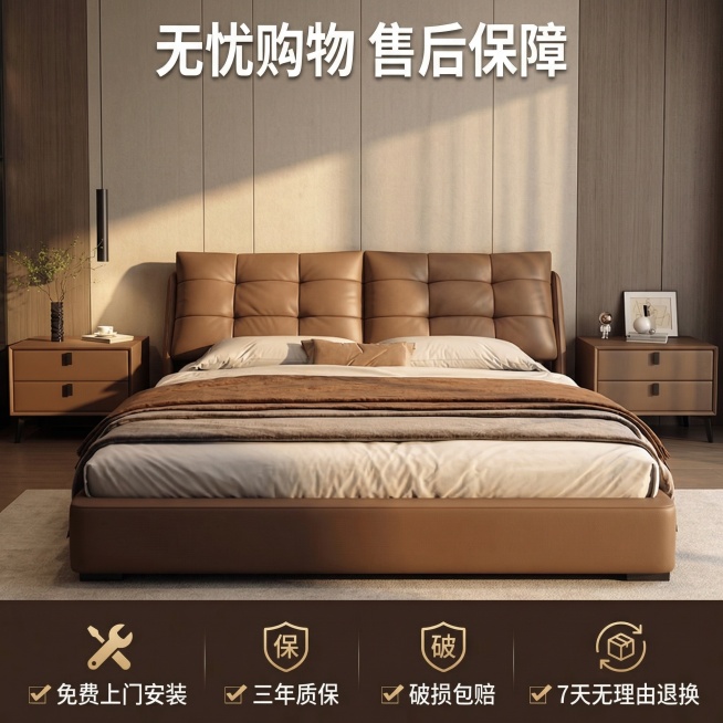 [垫图]https://e]意式极简家居风，暖调自然光，[画面元素]同前序卧室场景中，棕色泡芙真皮床完整展示，底部横向排列服务图标，[配色色系]主色调：棕褐、米白；辅助色：暖黄，[视角构图]正面平视，预览效果