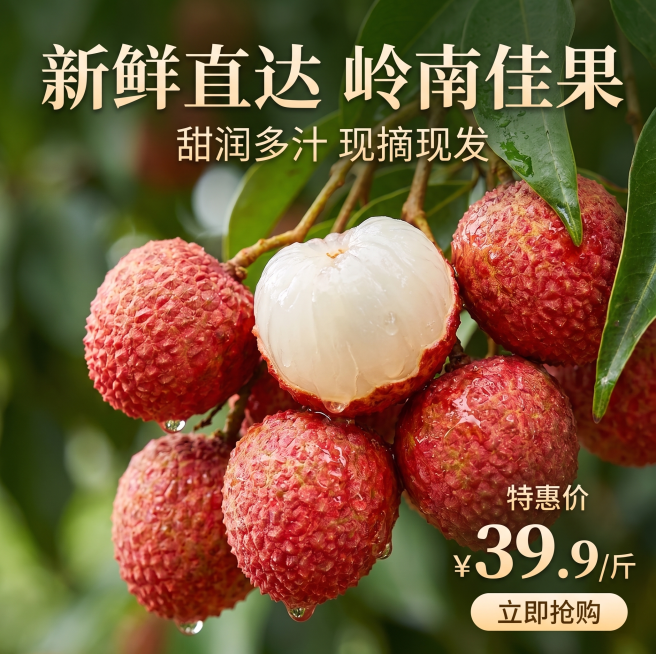 基于参考图生成一张新鲜荔枝的电商宣传海报，保留荔枝饱满鲜红、果肉晶莹剔透的质感，突出新鲜诱人的感觉，适合作为商品宣传海报预览效果