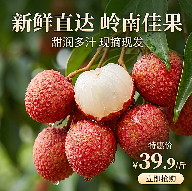 基于参考图生成一张新鲜荔枝的电商宣传海报，保留荔枝饱满鲜红、果肉晶莹剔透的质感，突出新鲜诱人的感觉，适合作为商品宣传海报