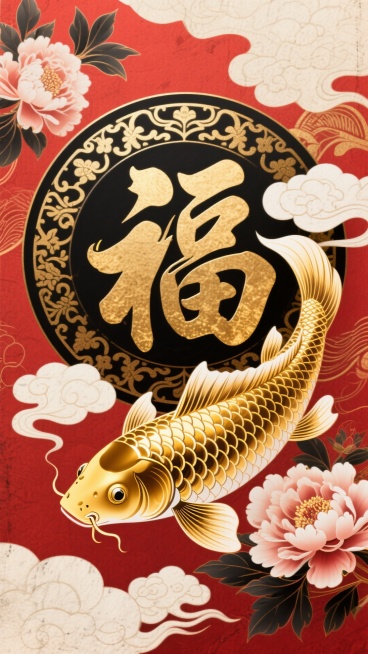 国潮风格，一条威严且风格化的金色锦鲤在祥云和牡丹图案中游动。一个巨大的、风格化的汉字“福”或“财”位于中心，内部填充有复杂的图案。配色：朱红、金、墨黑和象牙白。动态构图，背景有复古纸张纹理。预览效果