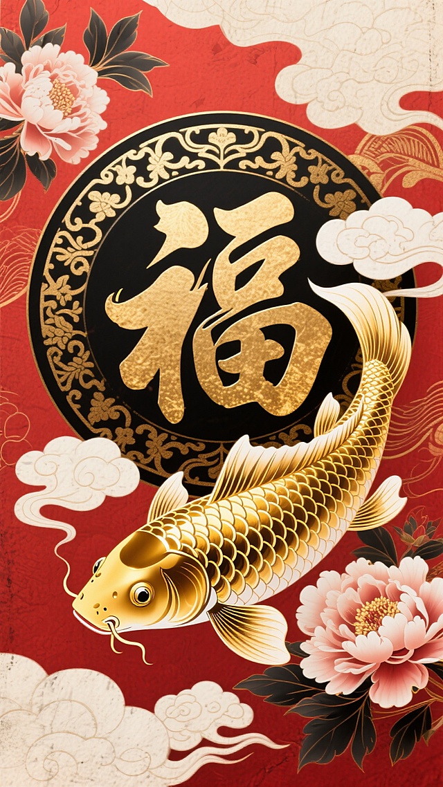 国潮风融合工笔与鎏金技法，红底金鱼跃动，祥云牡丹环绕，中央“福”字浮雕质感，尽显中式奢华与喜庆年味。