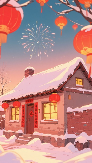二次元卡通，东北，房屋，氛围欢乐、过年，浅红色、浅黄色，不要人物，细节丰富，9:16，生成二张预览效果