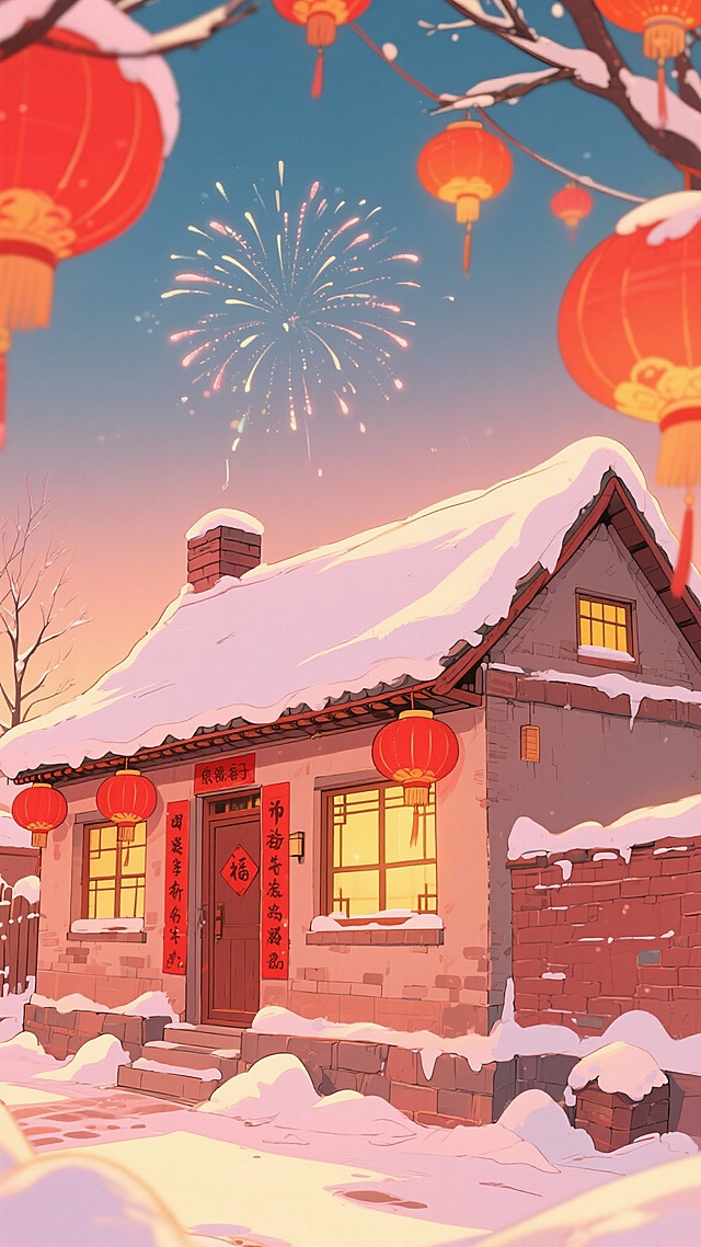 二次元卡通，东北，房屋，氛围欢乐、过年，浅红色、浅黄色，不要人物，细节丰富，9:16，生成二张