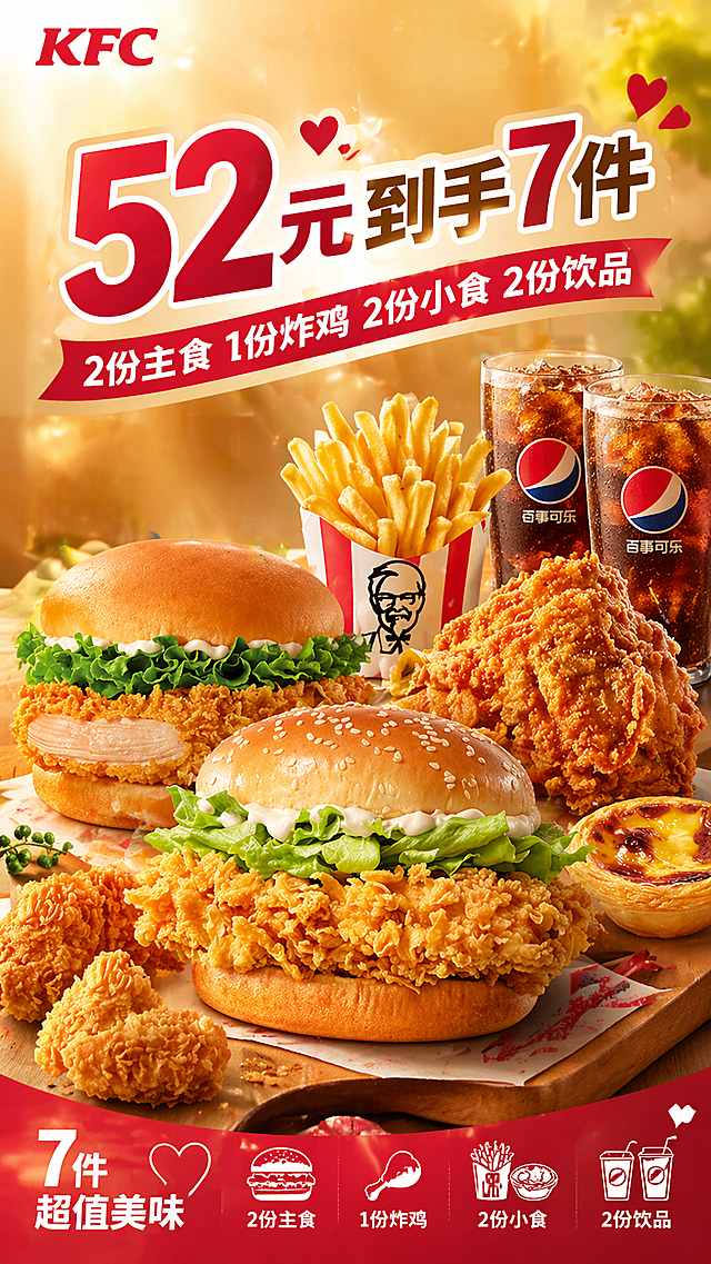 肯德基心动堡堡套餐主KV，画面包含2份汉堡主食、1份炸鸡、2份小食和2份饮品，整体风格诱人食欲满满，金色暖调光线，高端快餐宣传海报设计，画面显眼位置添加促销文案"52元到手7件，2份主食1份炸鸡2份小食2份饮品"