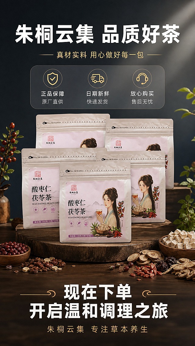 [商品] 使用【图1】【图2】酸枣仁茯苓茶产品袋；保留全部包装外观、颜色、文字与Logo；产品外观完全不变。
[画面] 收尾转化页，目标引导下单。画面中央是多袋产品堆叠展示（囤货装），产品放在木质展台上，周围散落原料与草本植物装饰。上方有品牌承诺，下方有引导下单的氛围。背景深灰蓝渐变，有柔和光晕效果。
[视觉] 套系策略：风格=高级暗调商业摄影；标题字=简约黑体粗体；正文字=简洁黑体细体；主色=深灰蓝；背景延展=深灰蓝到浅灰的竖向渐变，搭配木质展台与自然植物元素；强调色=暖金色，仅用于小面积图标、引线、标签和重点字；标题色=纯白色；正文色=浅灰色；组件=细线图标、半透明信息卡、细引线、承诺徽章；光影=柔和侧逆光，产品堆叠有层次，整体温暖有信任感。
[文字] 顶部大标题 朱桐云集 品质好茶 白色粗体；副标题 真材实料 用心做好每一包 暖金色细体；中部3个品牌承诺图标横向排列 1.正品保障 原厂直供 2.日期新鲜 快速发货 3.放心购买 售后无忧；底部大字号引导 现在下单 开启温和调理之旅 白色粗体；最下方小字 朱桐云集 专注草本养生 暖金色。
[规格] 图片比例9:16竖版，2K，避免变形、错字、模糊、杂乱、水印、平台Logo、绝对化用语、医疗功效宣称。