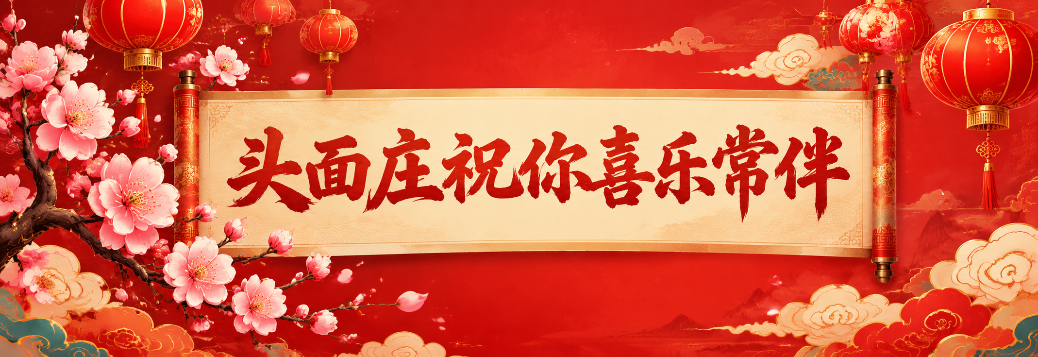 国潮新年横幅设计，70cm×24cm横版长条。左侧是粉色梅花花… - 图片创意预览