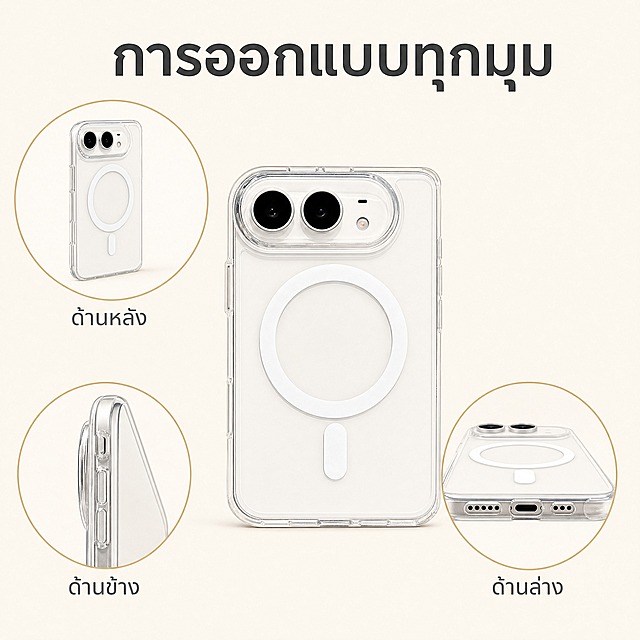 [主图-7] iPhone 18 DUO 高清透明磁吸手机壳 多视角展示 360度全方位
[统一基调] 亚马逊泰国市场 奶油白+浅金暖调视觉体系 泰文文案 精致信息型电商主图 字体统一为无衬线泰文字体 标题字色深灰 辅助字色中灰 强调色浅金色 卡片圆角浅金描边 图标细线风格
[画面] 奶油白背景 中央是手机壳正面主视觉 占画面约35% 周围环绕3个小角度视图 左上角背面视角展示磁吸圆环 左下角侧面视角展示按键和厚度 右下角底部视角展示充电口开孔 每个小视图有浅金色圆形边框 顶部有泰文主标题 产品各角度外观与输入图一致
[光影质感] 商业棚拍多视角展示质感 主光统一从左上照射 各角度光影一致 透明材质各角度都有通透表现 整体干净高级
[配色] 奶油白背景 浅金色圆形视图边框 深灰标题 产品透明+白色磁吸环
[文字版式] 顶部泰文大标题"การออกแบบทุกมุม" 每个小视图下方有泰文标注"ด้านหลัง" "ด้านข้าง" "ด้านล่าง" 字体统一无衬线 标题粗体 标注文字小号 所有文字为泰文 无中文
[输出要求] 1:1比例 2048x2048 各角度产品清晰 文字可读 无变形 无错字 无模糊 无杂乱 无水印