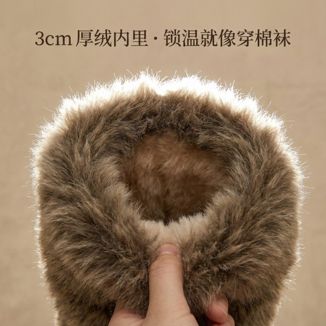 画面： 极度清晰的特写。展示两个细节：

靴筒口蓬松丰盈的一圈毛毛（可逆光拍摄，显出绒毛的柔软光泽）。

靴子内里厚实、浓密的绒毛内胆，可以用手微微扒开展示其厚度。

文案： 「3cm 厚绒内里 ·预览效果