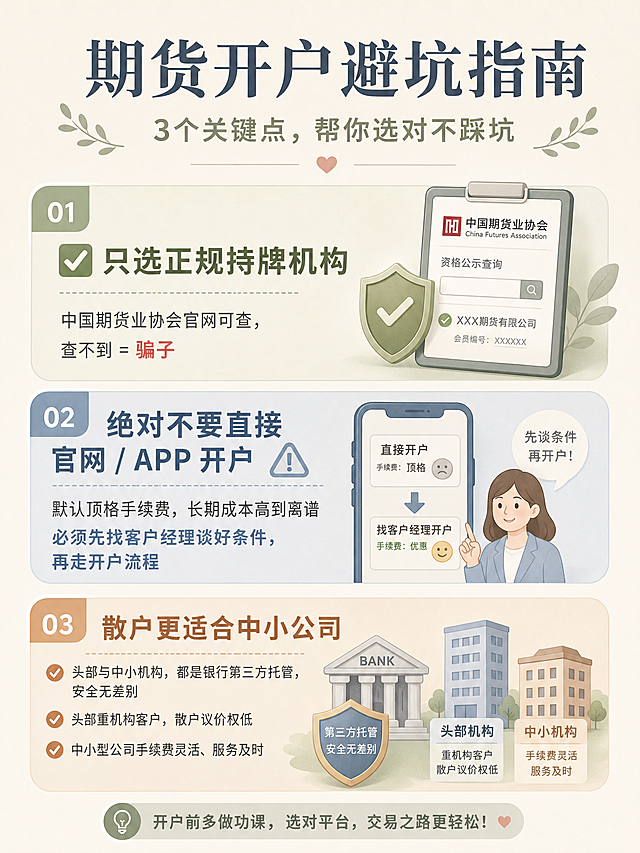 文字排版图片，包含以下文字内容：✅ 只选正规持牌机构 中国期货业协会官网可查，查不到 = 骗子 ✅ 绝对不要直接官网 / APP 开户 默认顶格手续费，长期成本高到离谱 必须先找客户经理谈好条件，再走开户流程 ✅ 散户更适合中小公司 头部与中小机构，都是银行第三方托管，安全无差别 头部重机构客户，散户议价权低 中小型公司手续费灵活、服务及时。整体风格采用莫兰迪低饱和配色，温馨干净，文字清晰易读。