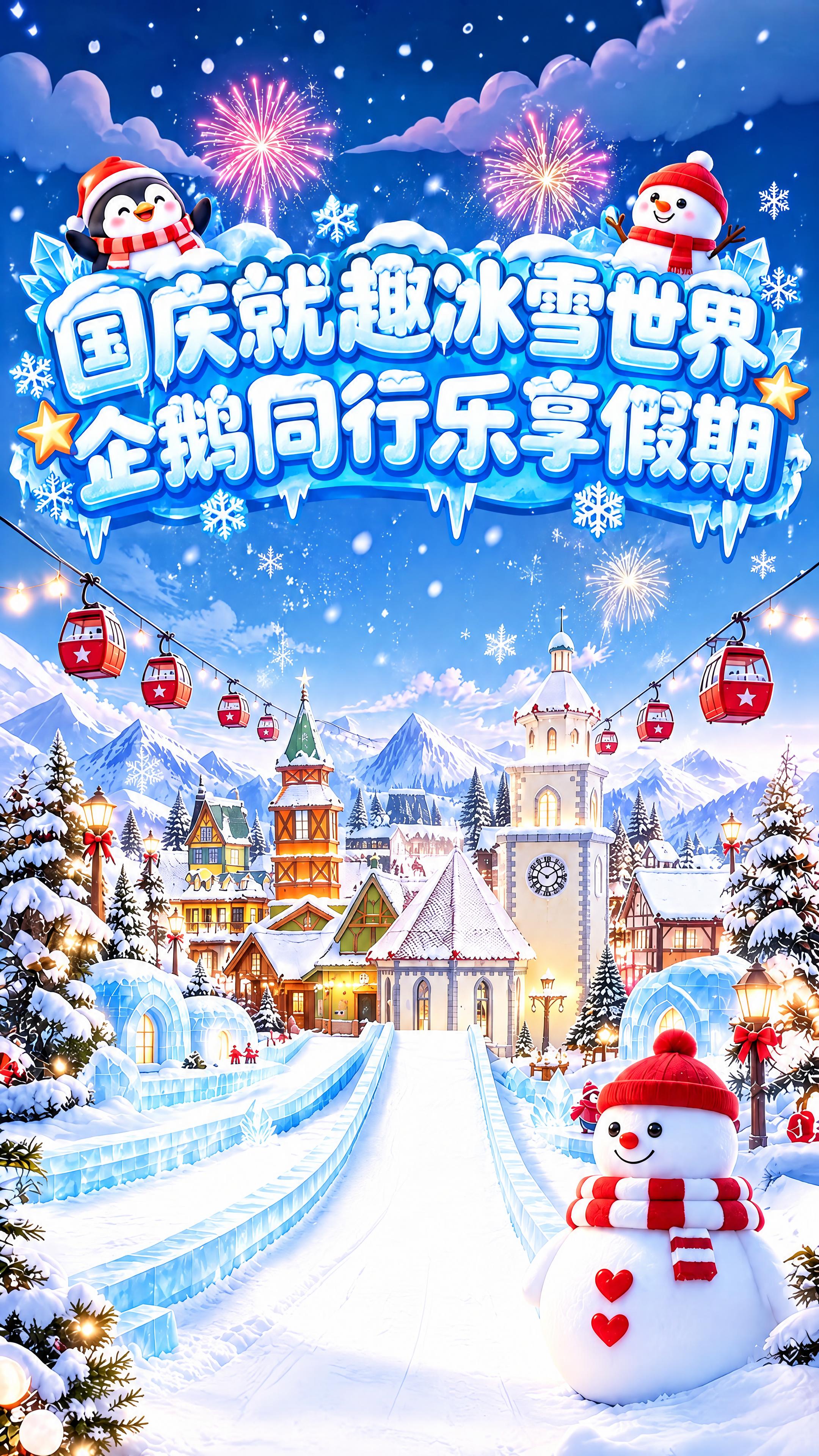 参考图1的冰雪风格艺术字设计，在图2的冰雪小镇背景上方添加主标… - 图片创意预览