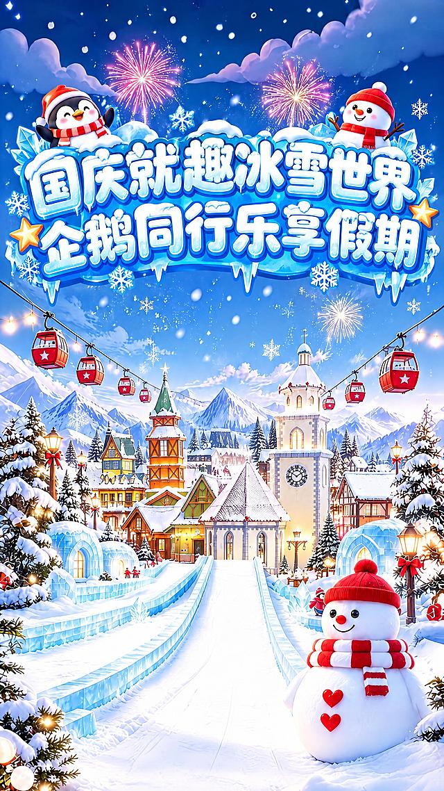 参考图1的冰雪风格艺术字设计，在图2的冰雪小镇背景上方添加主标题文字。主标题分为两行：第一行"国庆就趣冰雪世界"，第二行"企鹅同行乐享假期"。文字采用蓝色冰雪立体字风格，字体圆润可爱，字面上有积雪和冰柱效果，周围点缀雪花、冰晶装饰，左右两侧搭配可爱的企鹅和雪人小元素，整体风格与背景的冰雪童话世界完美融合，喜庆欢乐，适合国庆节日氛围。保持9:16竖版构图，标题位于画面上半部分，大小适中不遮挡主要建筑景观
