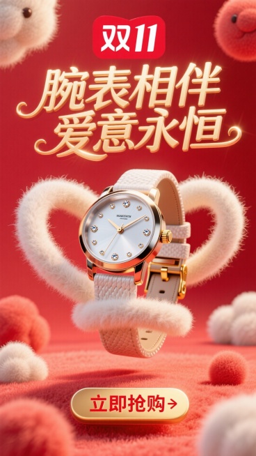商业摄影风格，比例 16:9。以鲜艳的红色为背景，营造热烈氛围。画面正中央是巨大且优雅的主标题 “腕表相伴 爱意永恒”，采用金色立体艺术字体，笔画粗细变化富有韵律，表面有细腻的光泽质感，像是被柔和灯光预览效果