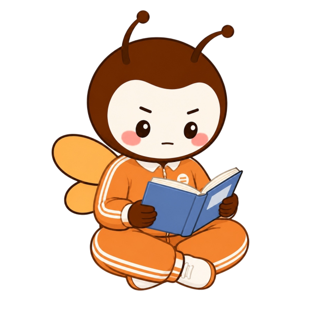 保持小蜜蜂外形不变，改为盘腿坐姿，手持书本认真读书的姿势，更换衣服为橙色校服，表情改为认真，保持卡通插画风格，白色背景预览效果