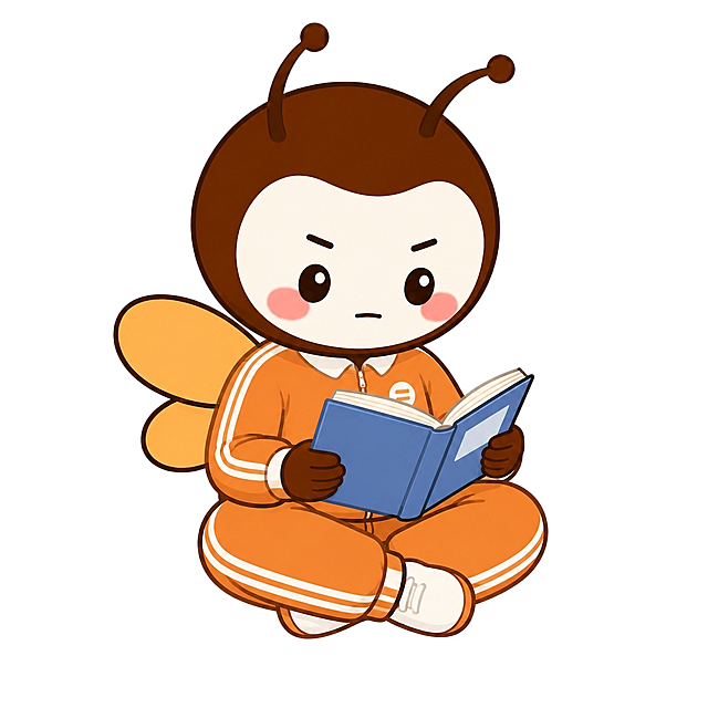 保持小蜜蜂外形不变，改为盘腿坐姿，手持书本认真读书的姿势，更换衣服为橙色校服，表情改为认真，保持卡通插画风格，白色背景