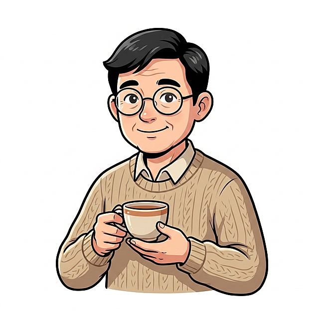 参考提供图片中的卡通插画设计风格，生成一位45岁的中年男老师，偏分黑发，戴老花镜，穿米色针织衫，拿着茶杯，和蔼微笑，纯白色背景，年龄在35-50之间
