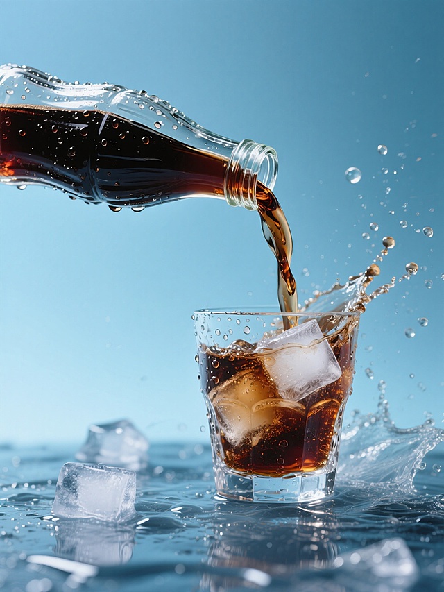 现代感液态风设计，清爽冰块与碳酸饮料碰撞，展现夏日清凉瞬间。