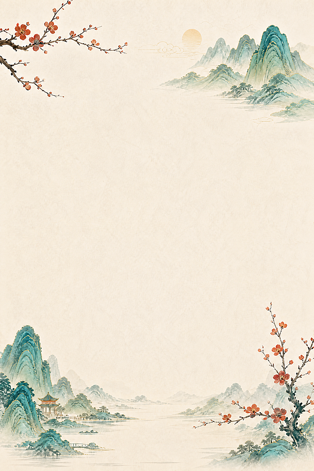 只保留当前图片的新中国风青绿山水梅花底色背景，移除所有文字、中间边框和印章装饰，保持竖版，保留原风格完整背景图案