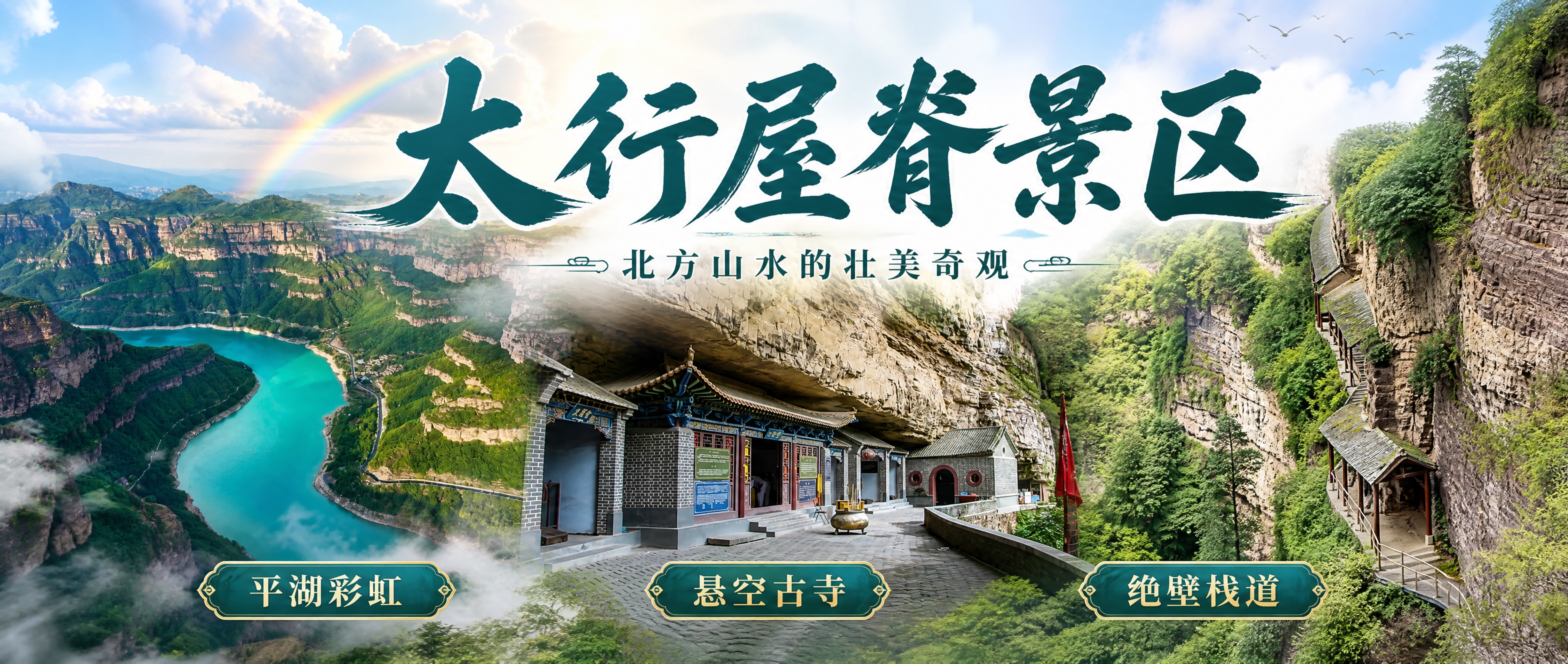 公众号开篇横版海报，以太行屋脊景区三大核心景观为视觉主体：左侧… - 图片创意预览