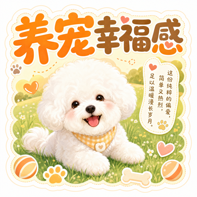 宠物主题异形贴纸，中心是卡通比熊趴在草坪，边缘异形抠图贴合方形轮廓，圆润大字主标题"养宠幸福感"，暖色调，侧边小字补充"这份纯粹的偏爱，简单又热烈，足以温暖漫长岁月。"，边角点缀小球、骨头、爪印、爱心预览效果