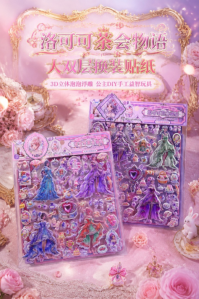 「图片1」「图片1」「图片1」「图片1」「图片1」统一通用规则（每屏均内置核心要求）：画布比例 2:3 竖版，8K 超高清，整体视觉统一为甜美洛丽塔精致风 + 法式复古洛可可宫廷风，马卡龙低饱和粉紫柔和配色，鎏金肌理 + 水晶通透质感，画面干净高级无割裂感；字体统一规范：基础排版居中对称 / 大小层级排版，鎏金烫金质感字体，薄阴影立体文字，纤细柔美少女衬线字体，粉色细描边搭配鎏金高光。每屏强制标注：严格还原上传的产品图，包括包装设计、颜色、LOGO 位置、文字内容、图案元素等所有细节，单卡尺寸 25.7cm×32.2cm，产品比例准确不变形。
第 1 屏 详情页首屏主视觉 KV
2:3 竖版，8K 超高清商业产品摄影，柔和粉紫渐变柔焦背景，整体视觉为甜美洛丽塔精致风 + 法式复古洛可可宫廷风，马卡龙低饱和柔和配色，鎏金肌理质感，画面干净高级梦幻少女感；画面中心错落摆放两款「洛可可茶会物语」大双层换装泡泡贴纸，一前一后营造层次，45° 俯拍完整展示包装全貌，周边点缀迷你玫瑰、蕾丝、兔子茶会小元素烘托氛围；严格还原上传的产品图，包括包装设计、颜色、LOGO 位置、文字内容、图案元素等所有细节，单卡尺寸 25.7cm×32.2cm，产品比例准确不变形。字体设计：基础排版居中对称排版、大小层级排版，质感特效鎏金烫金质感，光影特效外发光文字、薄阴影立体文字，纤细柔美少女衬线字体，粉色细描边鎏金高光。信息布局：画面顶部居中放置主标题，主标题下方搭配副标题，两款产品占据画面中下部 70% 视觉重心。主标题【洛可可茶会物语 大双层换装贴纸】鎏金立体大字体；副标题【3D 立体泡泡浮雕 公主 DIY 手工益智玩具】浅粉细体小字。排版形式：上下分层对称排版，顶部文字标题区，中部产品主视觉区，底部弱化装饰花边。设计感强调：顶部标题搭配复古雕花相框装饰边框，柔焦光斑散景营造梦幻氛围感，侧柔光打亮贴纸立体浮雕质感，整体氛围优雅高级，作为详情页首屏快速传递产品主题与颜值优势。
