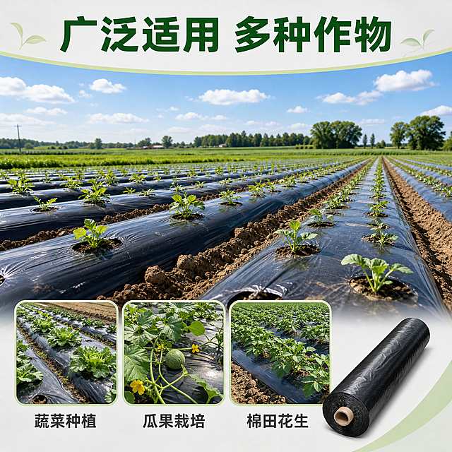 [主图-4] 使用场景与适用范围图，主题：地膜农田真实使用场景展示，体现多场景适用效果。
[统一基调] 国内电商建材风格，整体专业干净稳定，背景为浅灰渐变加淡绿色农业元素点缀，主标题字色为深绿色，辅助字色深灰色，强调色为橙红色，字体为粗黑体，字号层级分明，卡片用圆角浅白底加细绿边。
[画面] 顶部大标题"广泛适用 多种作物"。主画面为真实农田场景：整齐的田垄上覆盖着黑色地膜，地膜上有定植孔，作物幼苗从孔中长出，远处是绿色田野和蓝天，画面明亮自然。下方横向排列三个小圆角场景小图，分别标注"蔬菜种植"、"瓜果栽培"、"棉田花生"，每个小图配对应作物地膜覆盖的缩略场景。右下角放一卷黑地膜产品图，与场景呼应。
[光影质感] 自然光摄影质感，明亮的户外日光，农田场景真实自然，地膜与地面贴合自然，无悬浮感，产品图光影与场景协调。
[配色] 主场景以绿色田野和蓝天为主色调，标题深绿，小图边框浅绿，文字深灰。整体清新自然。
[文字版式] 顶部标题大号粗黑深绿居中，场景小图下方标注中号深灰字，全部横排。文字不遮挡主要场景。
[输出要求] 1:1正方形比例，2048*2048，场景真实自然，文字清晰无错字，无水印无平台Logo。