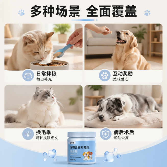 [第5屏] 多适用场景展示。本屏使用【图1】作为产品标识。
[氛围/风格] 温馨生活场景拼图，自然治愈风格，贴近宠物日常生活。
[元素布局] 顶部标题，下方分成四个小场景图，每个场景配对应说明，产品l预览效果