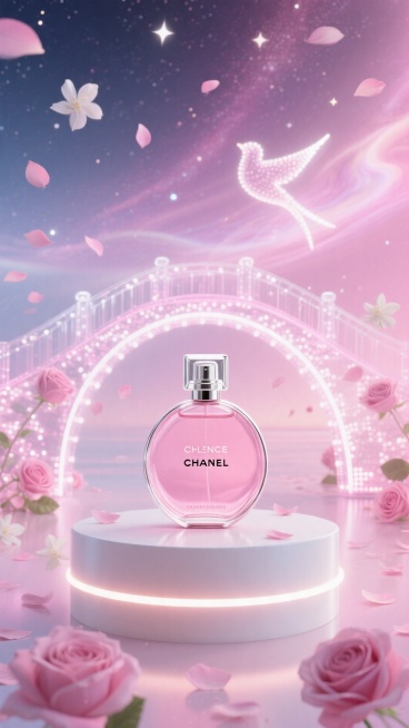 画面主体：一个发光的白色圆形展台，上面放着一瓶巨大的CHANEL 香奈儿邂逅系列香水（经典的圆形瓶身，搭配透明粉色瓶体，瓶盖为方形银质，简洁优雅 ） ，香水为主视觉，占据主要画面

场景：展台后面是一预览效果