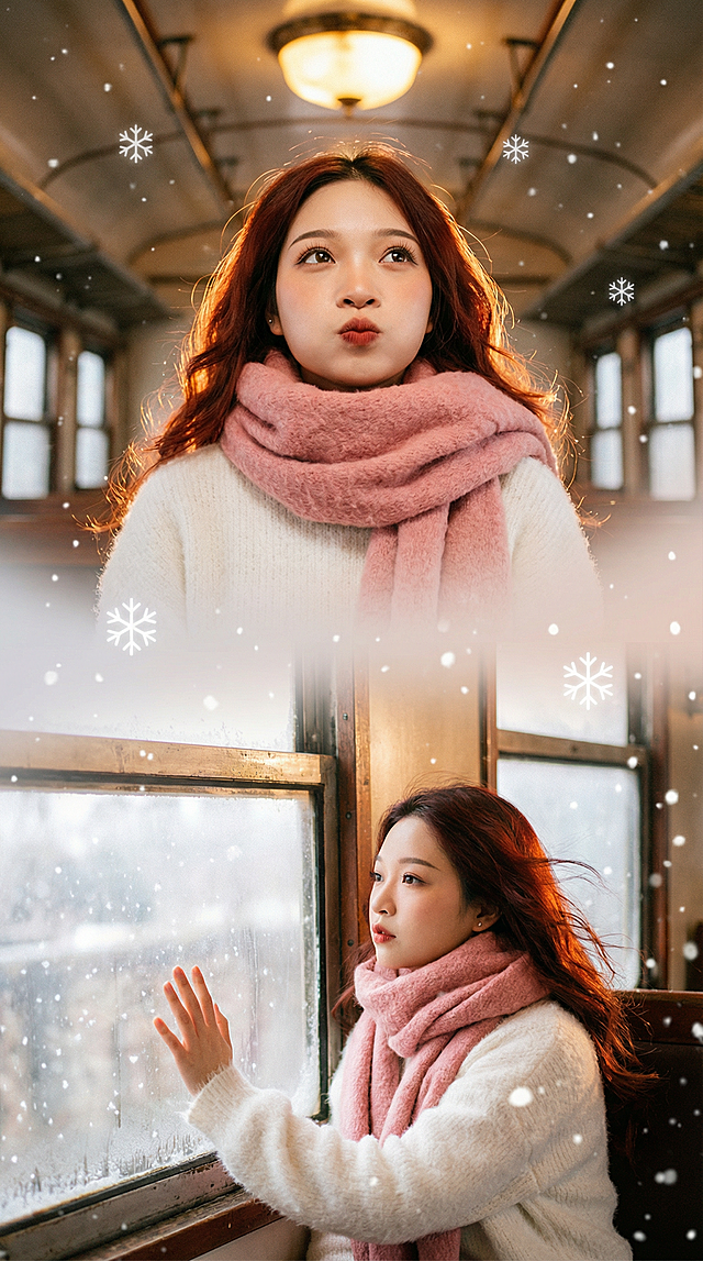 女生穿白色马海毛毛衣，粉色围巾绕颈，老式火车背景。上宫格：大特写镜头，女生脸部特写，车厢暖光从头顶灯处洒下，发丝发光，眼神带点旅途的憧憬，嘴唇微抿。下宫格：中景镜头，女生坐在老式火车窗边，手贴在车窗上看外面雪落，发丝被风（车窗缝）吹起。中间有大片雪花图标元素衔接。