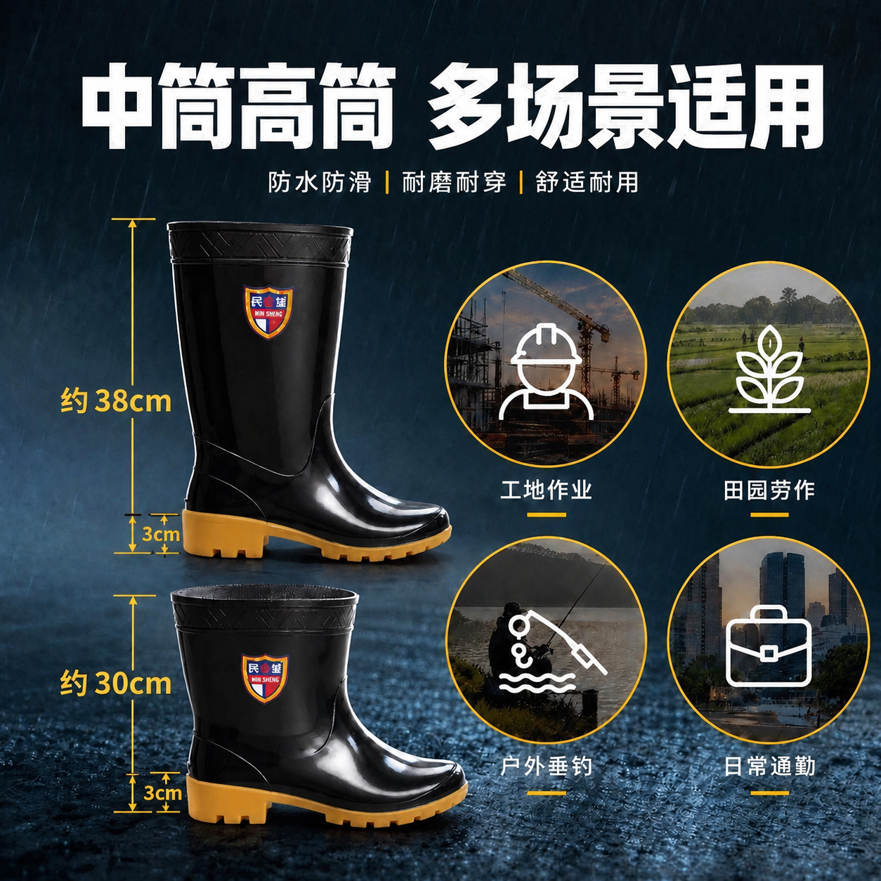 编辑产品参数图：保持两款黑色雨靴、背景、Logo、场景图标、文… - 图片创意预览
