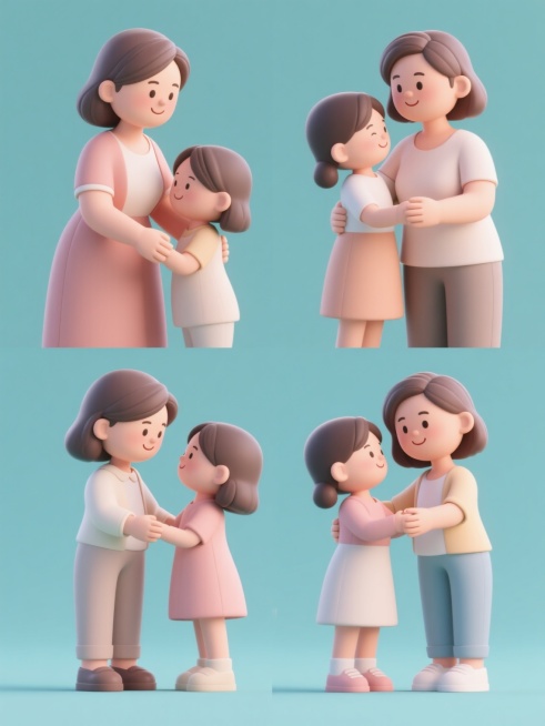 四个规整排布的3D卡通风格母女互动素材，保持简约现代造型，每个素材中母亲与女儿有着不同的温馨互动姿势，人物采用圆润柔和的3D建模风格，光滑细腻的材质表现，明亮柔和的色彩搭配，穿着简约现代的服饰，纯色背景，无任何文字、logo和水印，整体画面干净整洁，充满温暖欢快的氛围。预览效果