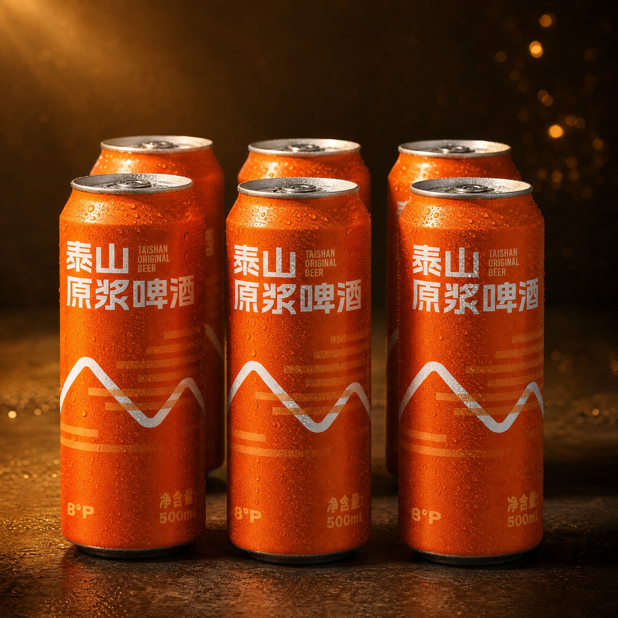 商业产品摄影图，展示多罐啤酒组合陈列。画面中六罐橙色易拉罐啤酒… - 图片创意预览