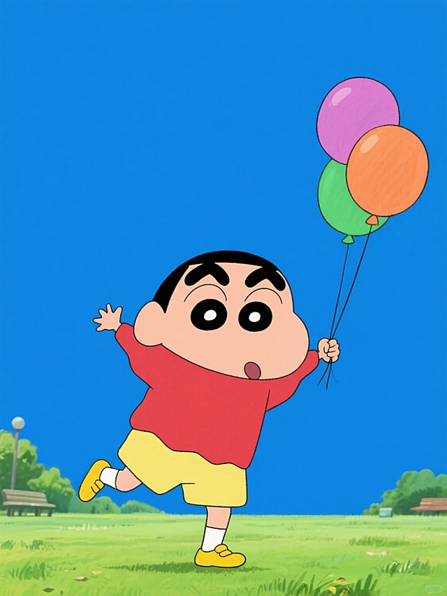 蜡笔小新卡通形象，保持其标志性特征：粗黑短眉毛、圆脸蛋、大眼睛、穿着红色上衣和黄色短裤，黄色鞋子，白色袜子，正在户外公园场景中玩耍，双手举着一个彩色气球，背景为纯蓝色，无文字，无logo，无水印，保持蜡笔小新动画的经典2D手绘风格，线条简洁流畅，色彩鲜明，整体氛围轻松活泼。